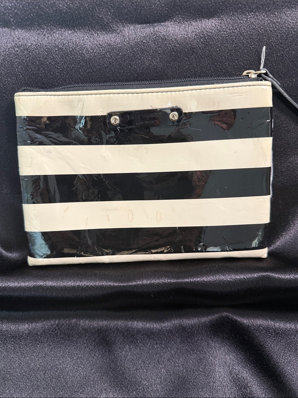 kate spade Black & White Striped Patent Wristlet Pouch